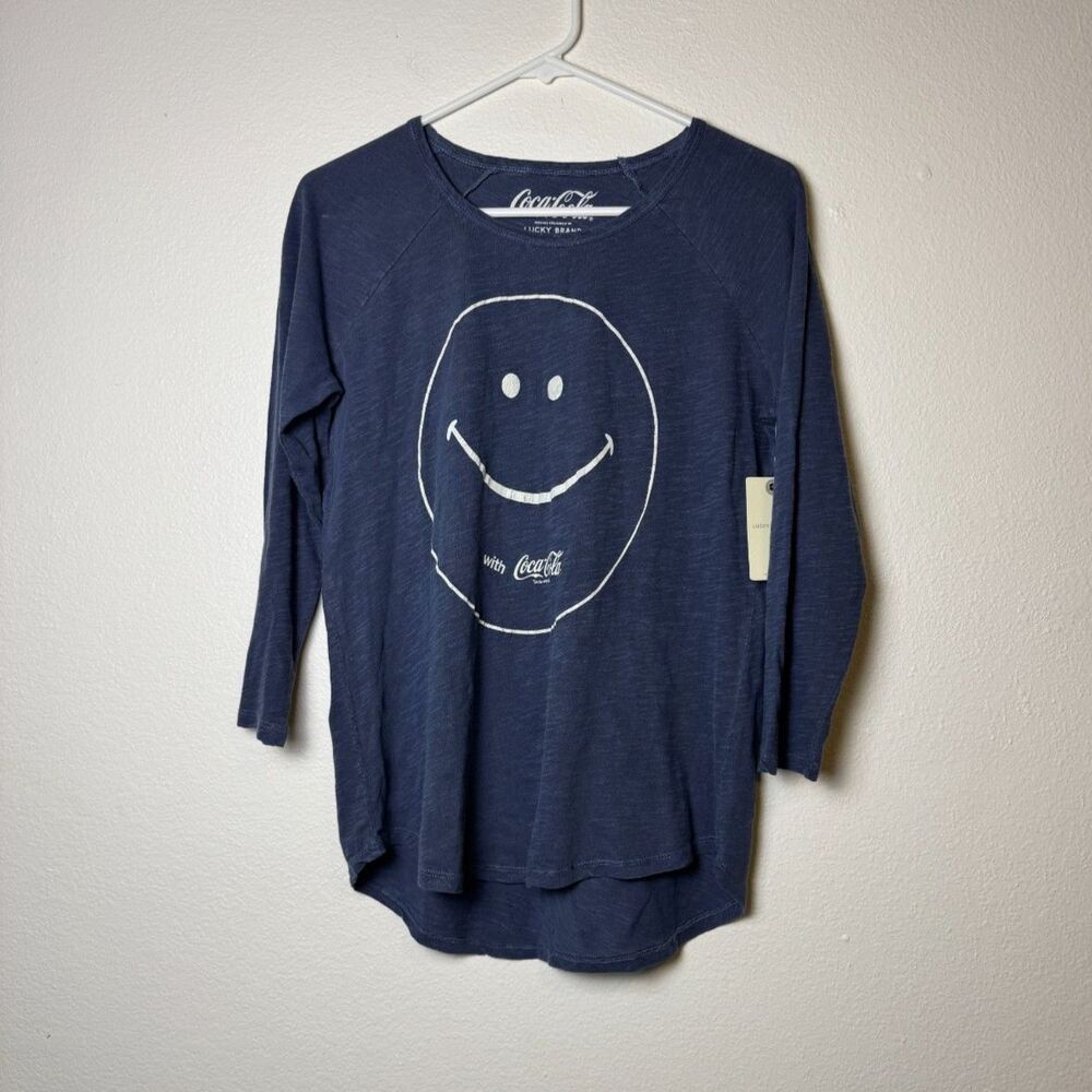 Lucky Brand x Coca Cola Womens M Smiley Face Graphic Tee Long Sleeve Blue NWT